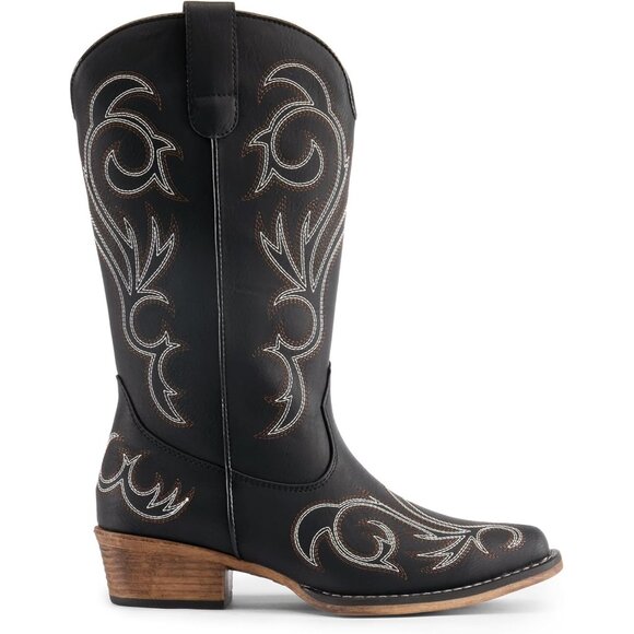 Dream Pairs Women's Black Mid Calf Cowgirl Boots Square Toe Chunky Heel Shoes - Picture 2 of 8